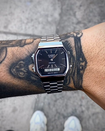 CASIO QUARTZ OCTA DIG PRATA FUNDO PRETO